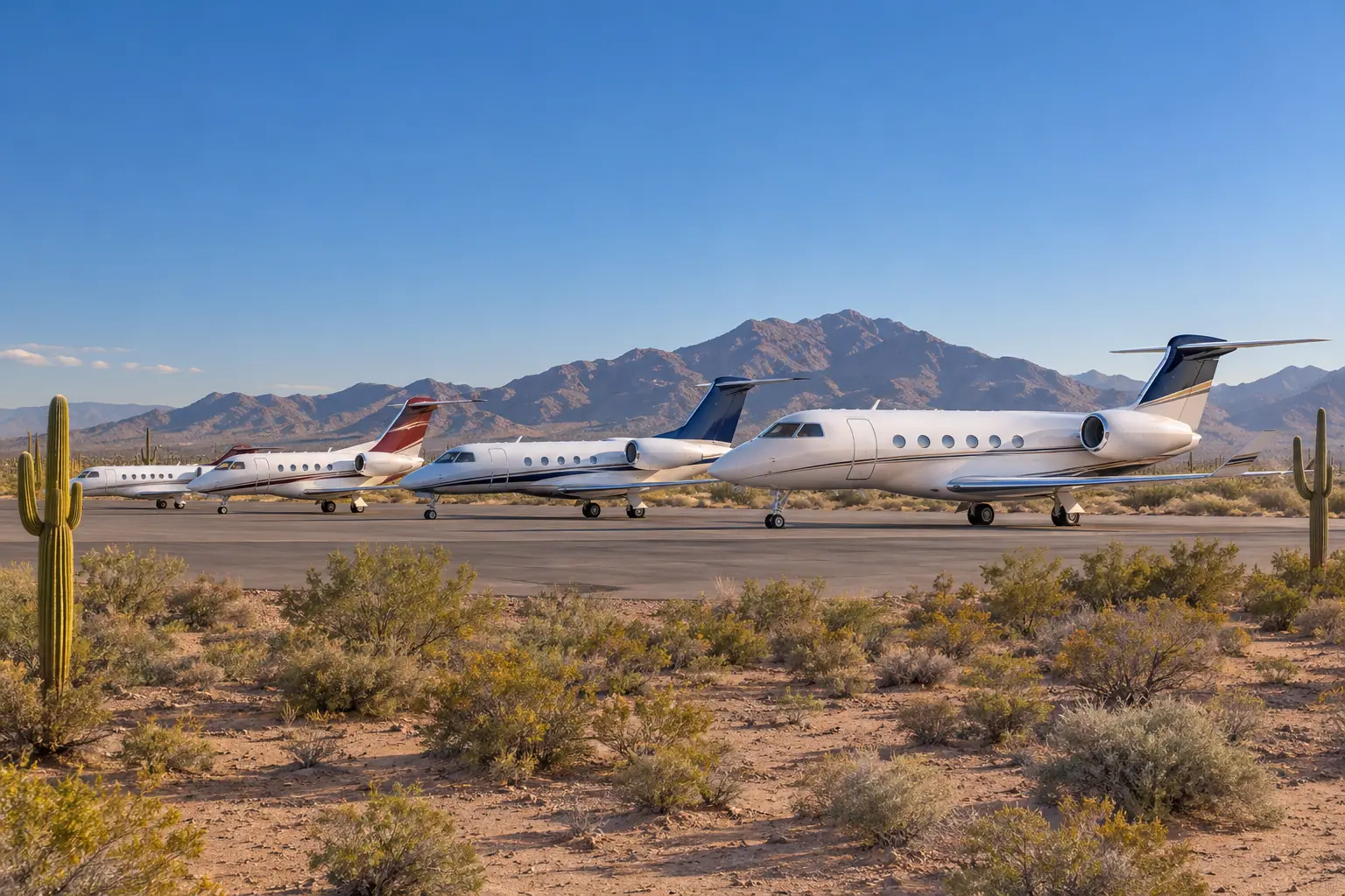 Business jets of different sizes on a ramp